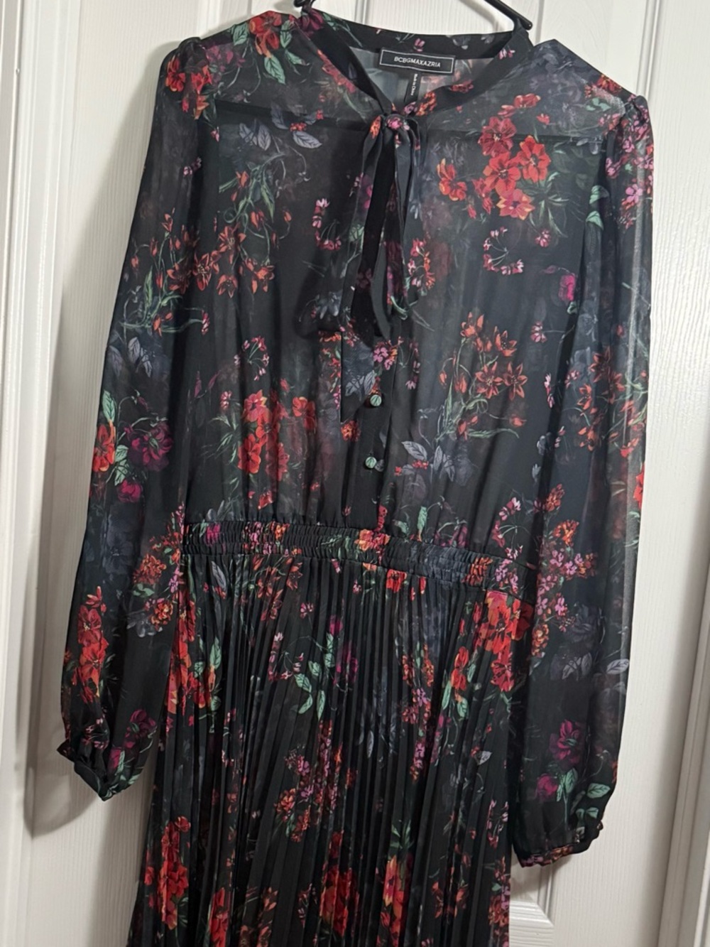 BCBGMaxAzria Sheer Black Floral Tie-Neck Pleated Maxi Dress